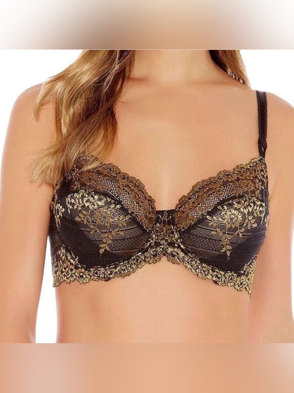 Wacoal Women's Embrace Lace Underwire Bra, Black/Gold Lurex size 34DD VEUC